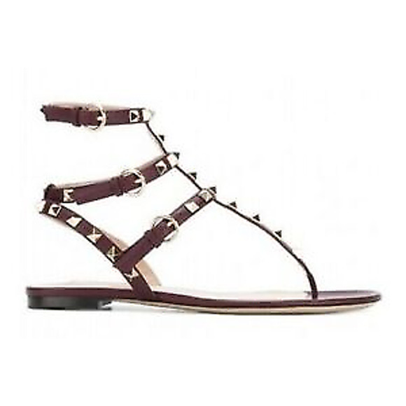 Valentino Rockstud Red Burgundy Leather Triple Strap Gladiator Flat Sandal 35 - Picture 1 of 12